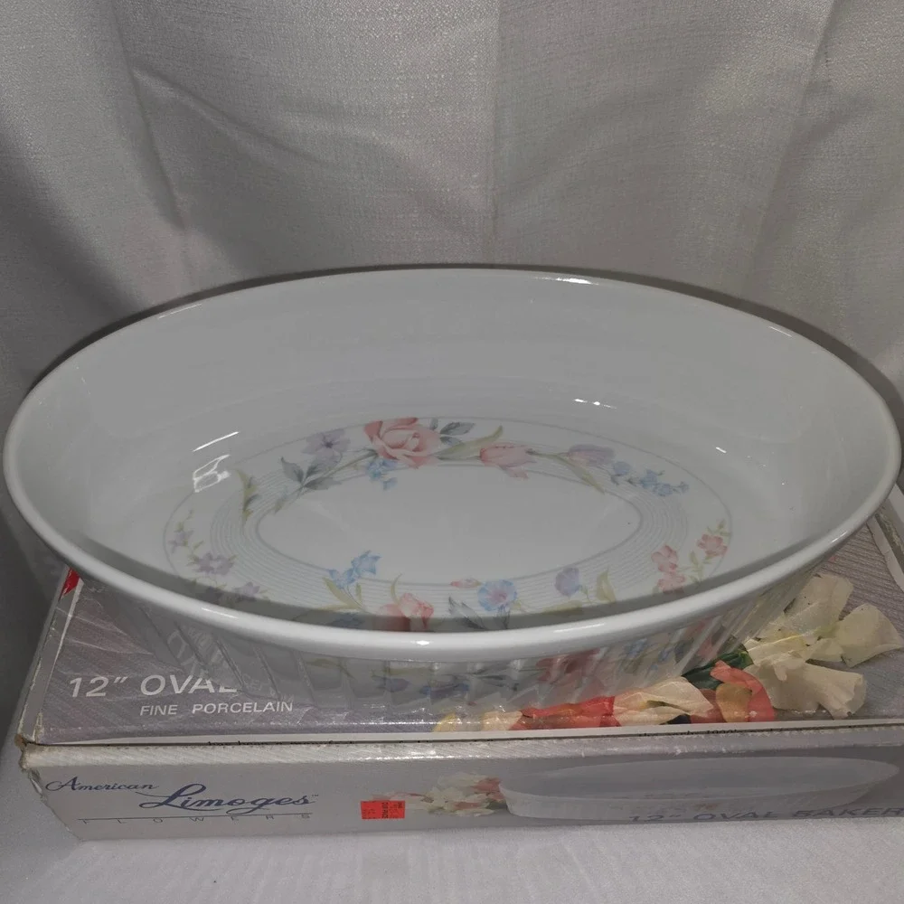 American Limoges Flowers 12 Inch Oval Baker Fine Porcelain Floral Casserole Dish
